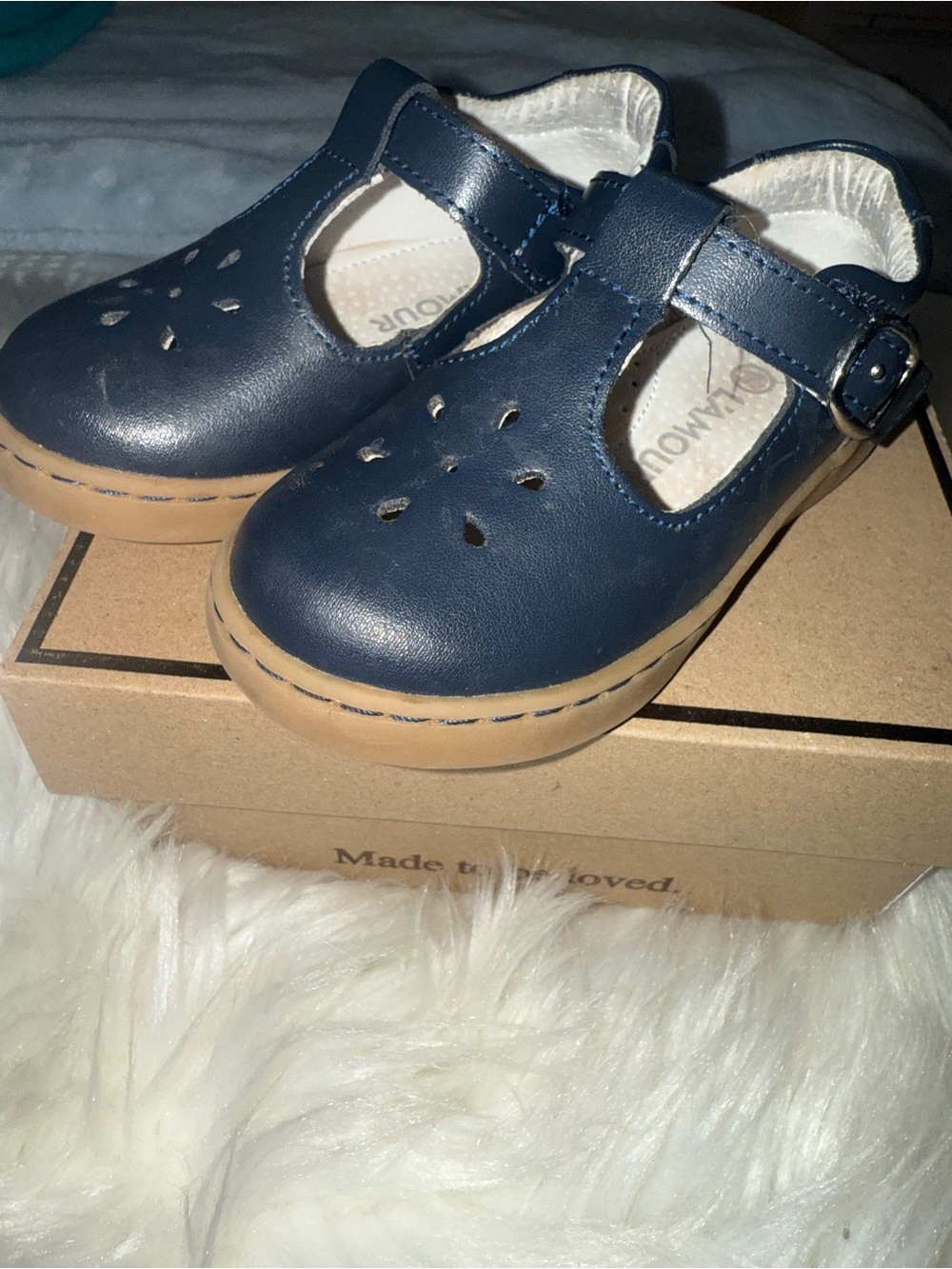 L'Amour Navy T‑Strap Kids Dress Shoes with Tan Sole